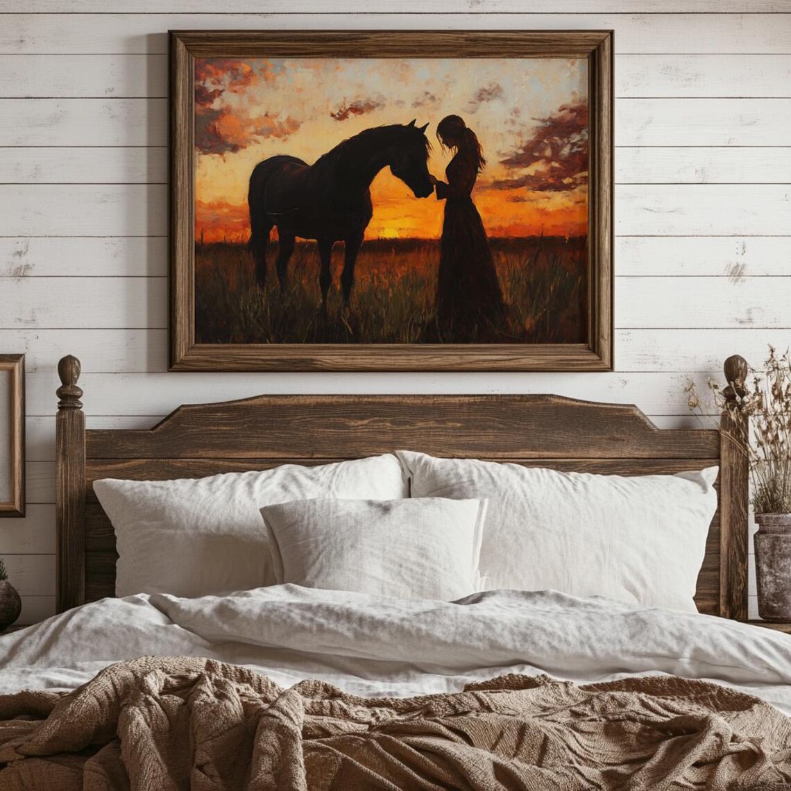 Woman And Horse Silhouette At Sunset Field Equestrian Scene Poster - Image 2