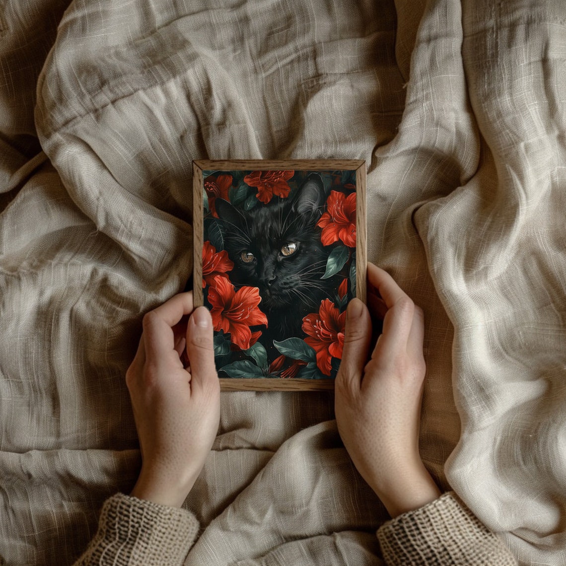 Black Cat Among Bold Red Flowers Dramatic Gothic Cat Art Poster - Image 3