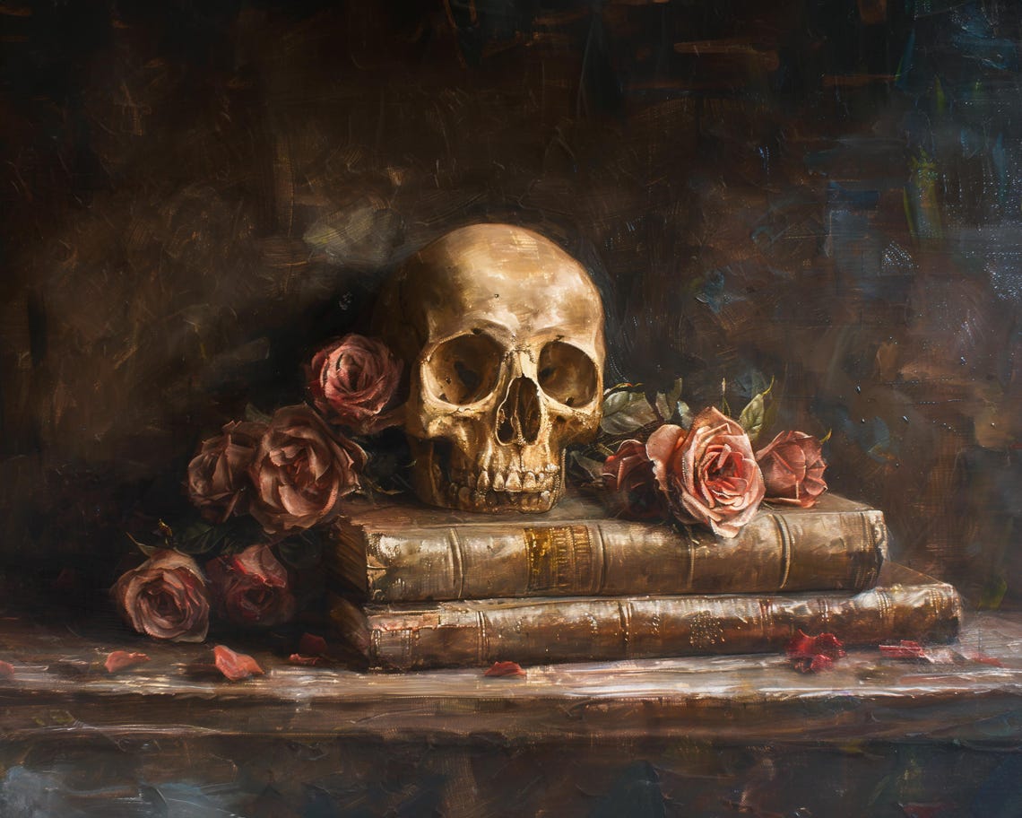 Human Skull On Vintage Books With Roses Gothic Still Life Print - Image 2
