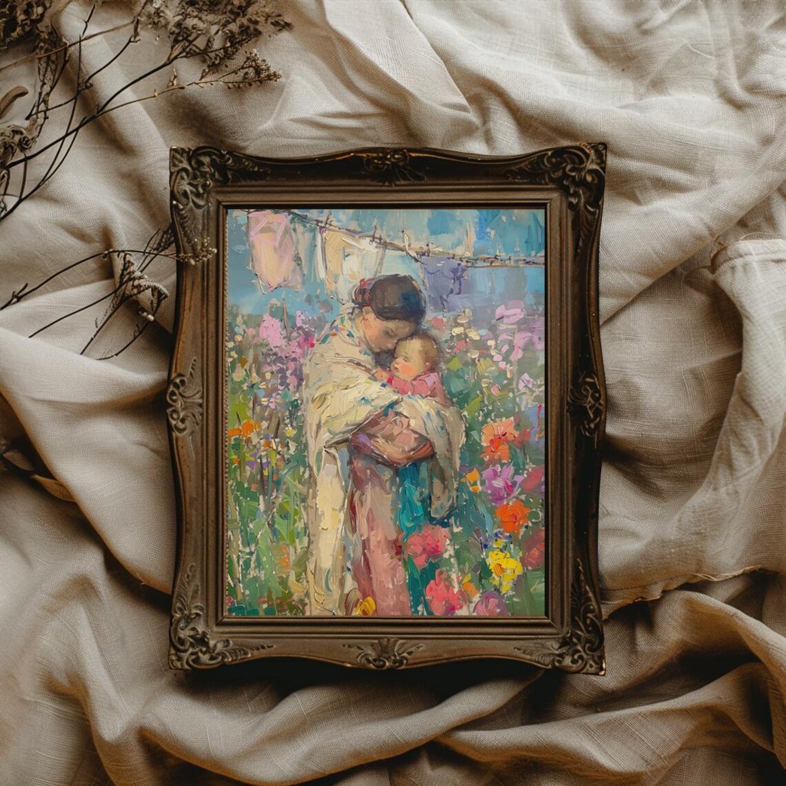 Mother Holding Baby In Blooming Garden With Laundry Line Poster - Image 3
