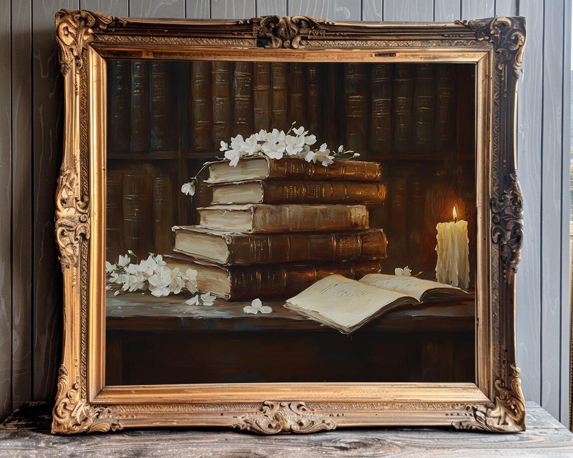 Stack of Old Books With Blossoms and Lit Candle Library Poster - Image 2