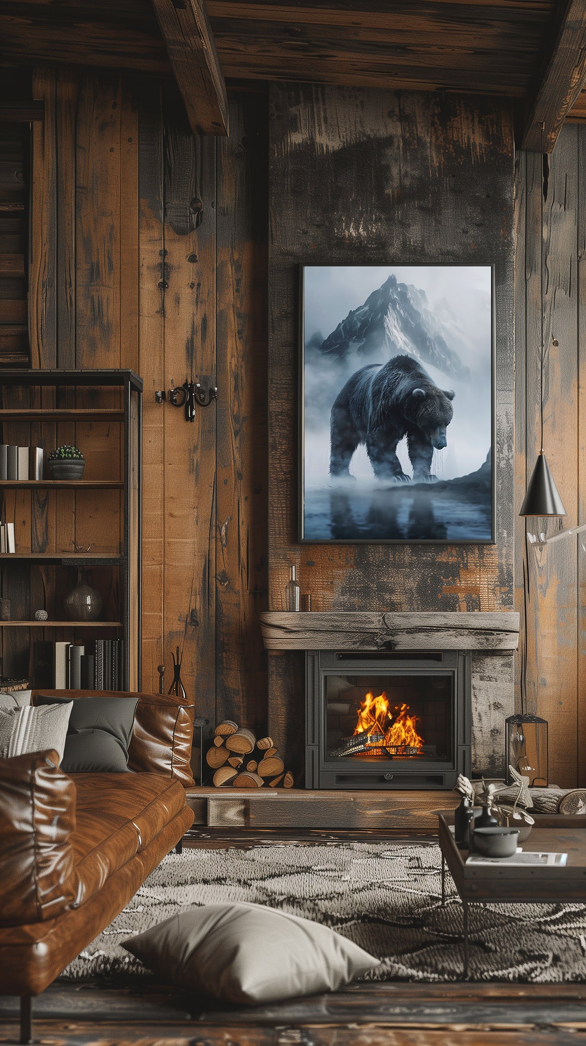 Grizzly Bear In Fog Before a Snowy Mountain Peak Wildlife Poster - Image 3