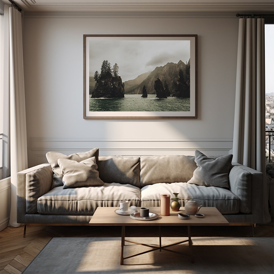 Misty Sea Stacks with Pine Trees Rising Over a Gray Ocean Poster - Image 2
