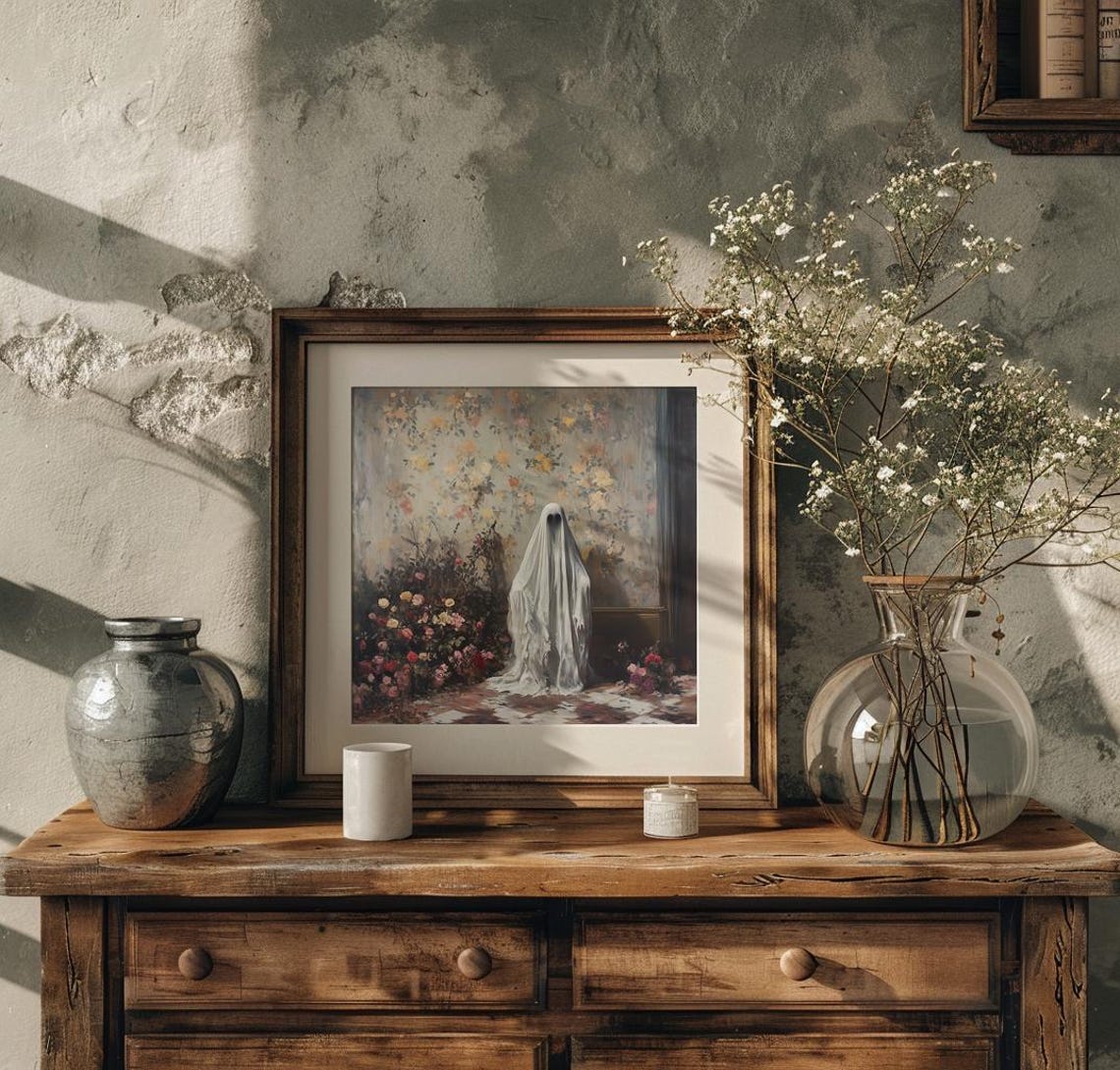 Victorian Sheet Ghost Standing Among Roses in a Parlor Poster - Image 2