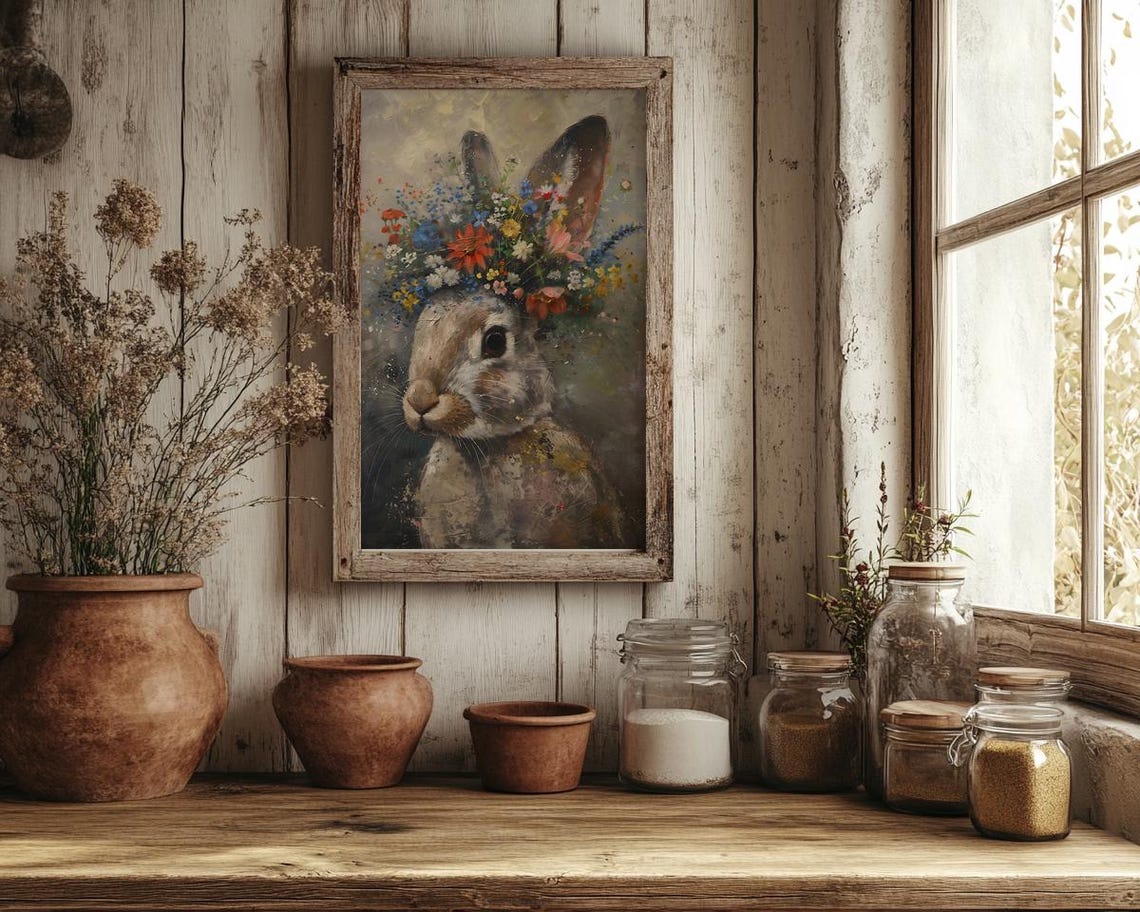 Rabbit Portrait Wearing Wildflower Crown Vintage Bunny Art Poster - Image 4