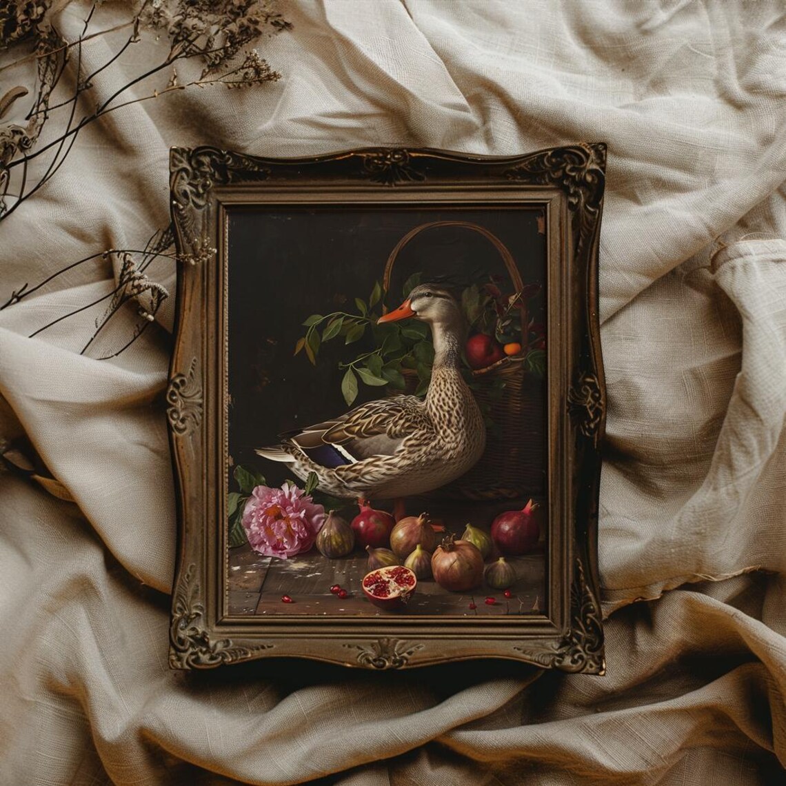 Vintage Duck and Fruit Art Print, Dark Academia - Image 3