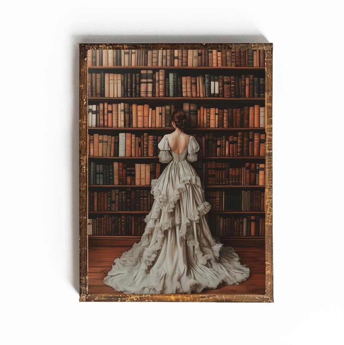 Woman In Gown Before Old Library Bookshelves Dark Academia Poster - Image 2