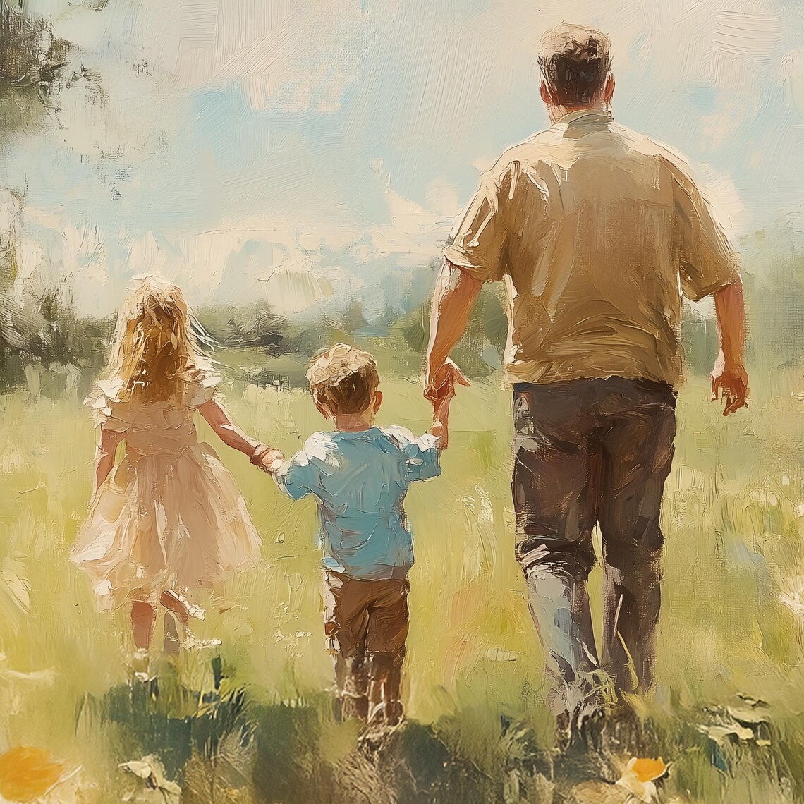Father Walking With Two Children in Wildflower Meadow Poster - Image 2