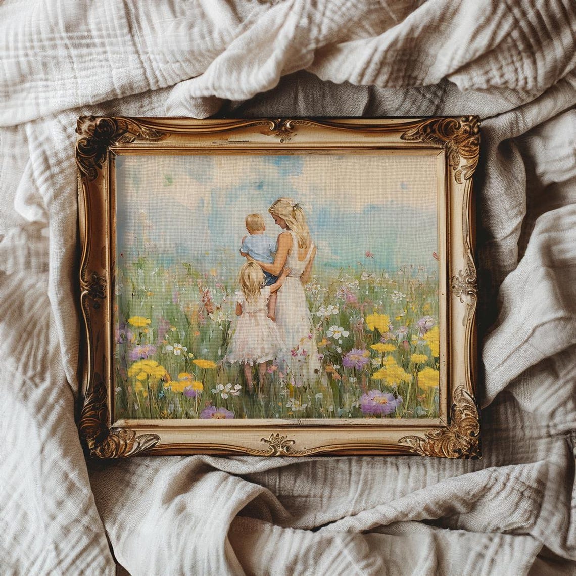 Mother with Two Children Standing in a Wildflower Meadow Poster - Image 3