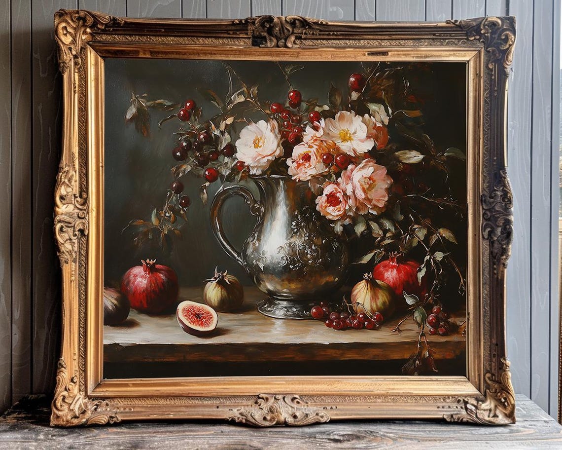 Silver Pitcher with Roses Pomegranates Moody Kitchen Still Life Poster - Image 3