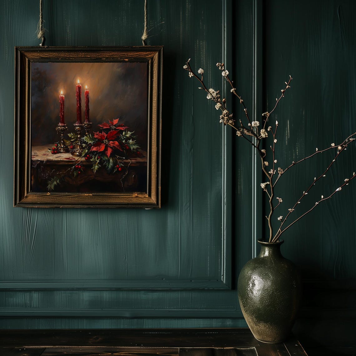 Three Red Candles with Poinsettia and Berries Holiday Night Poster - Image 2