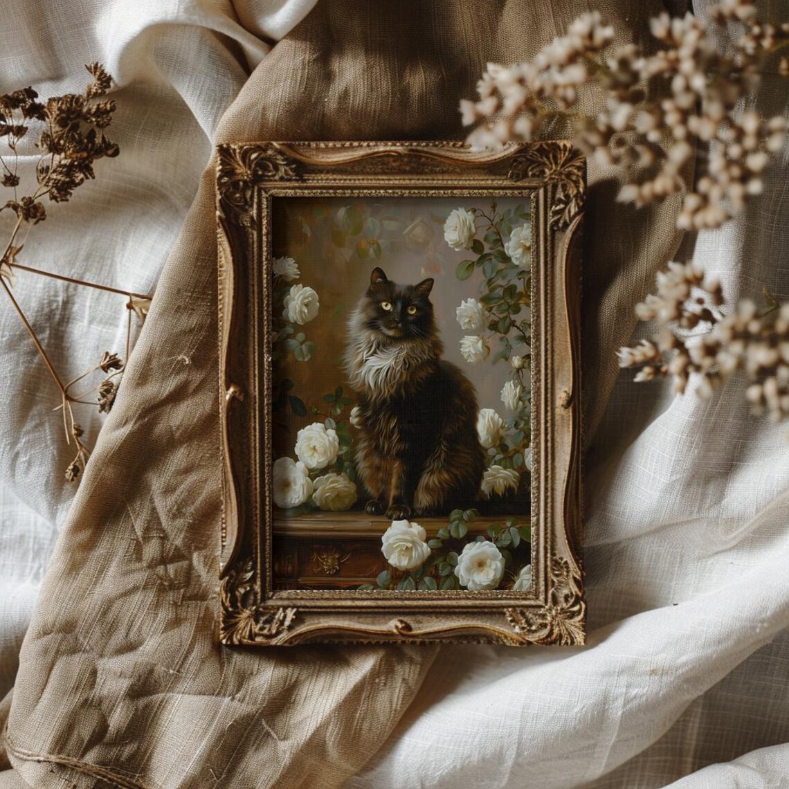 Dark Longhaired Cat Sitting Among White Roses Vintage Oil Poster - Image 4