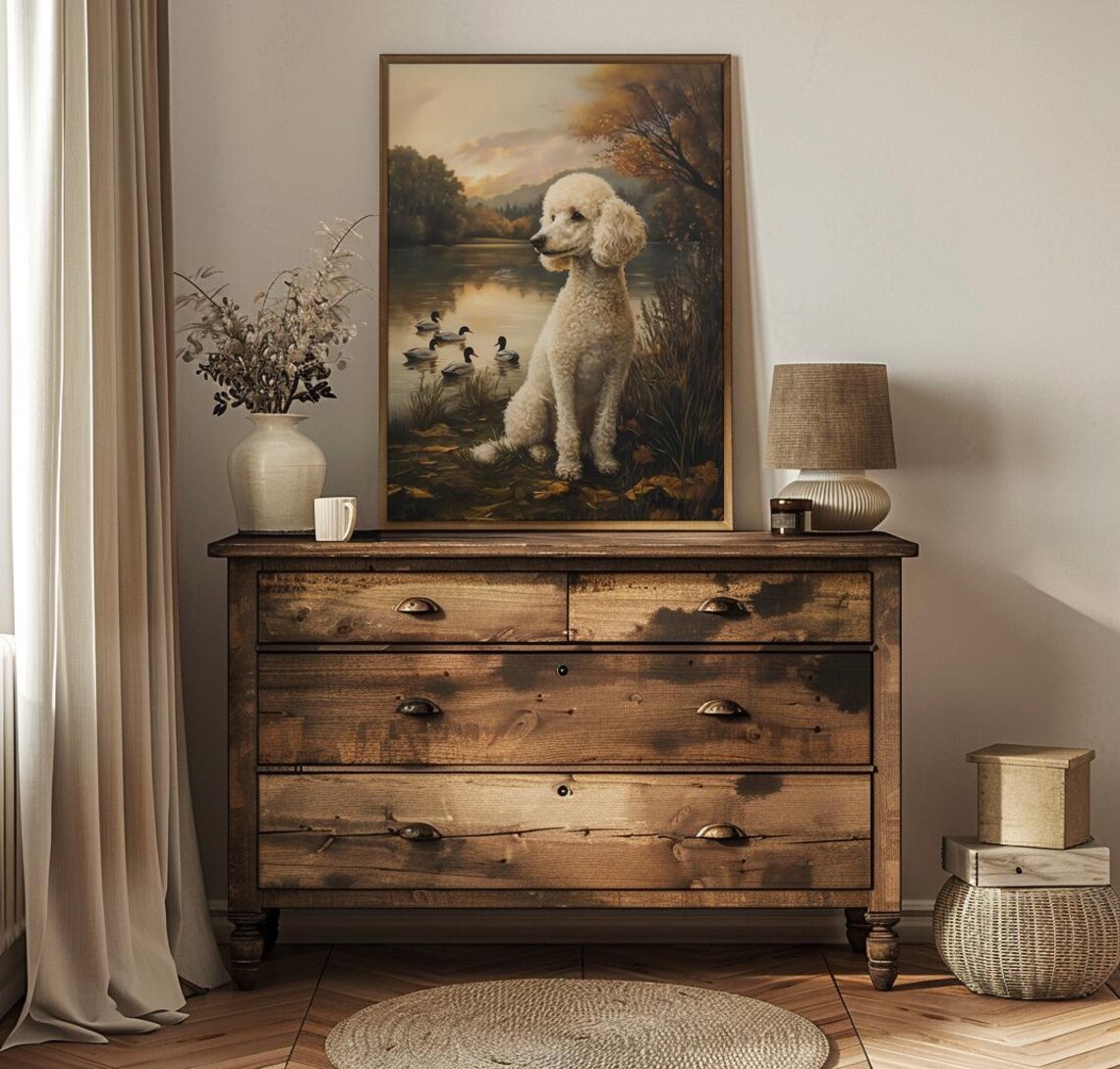 White Standard Poodle Sitting By A Lake At Sunset With Ducks Poster - Image 3