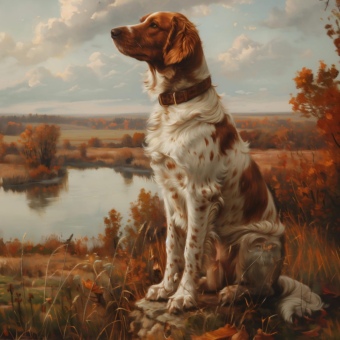 Brittany Spaniel Sitting in an Autumn Field by a Lake Poster - Image 2