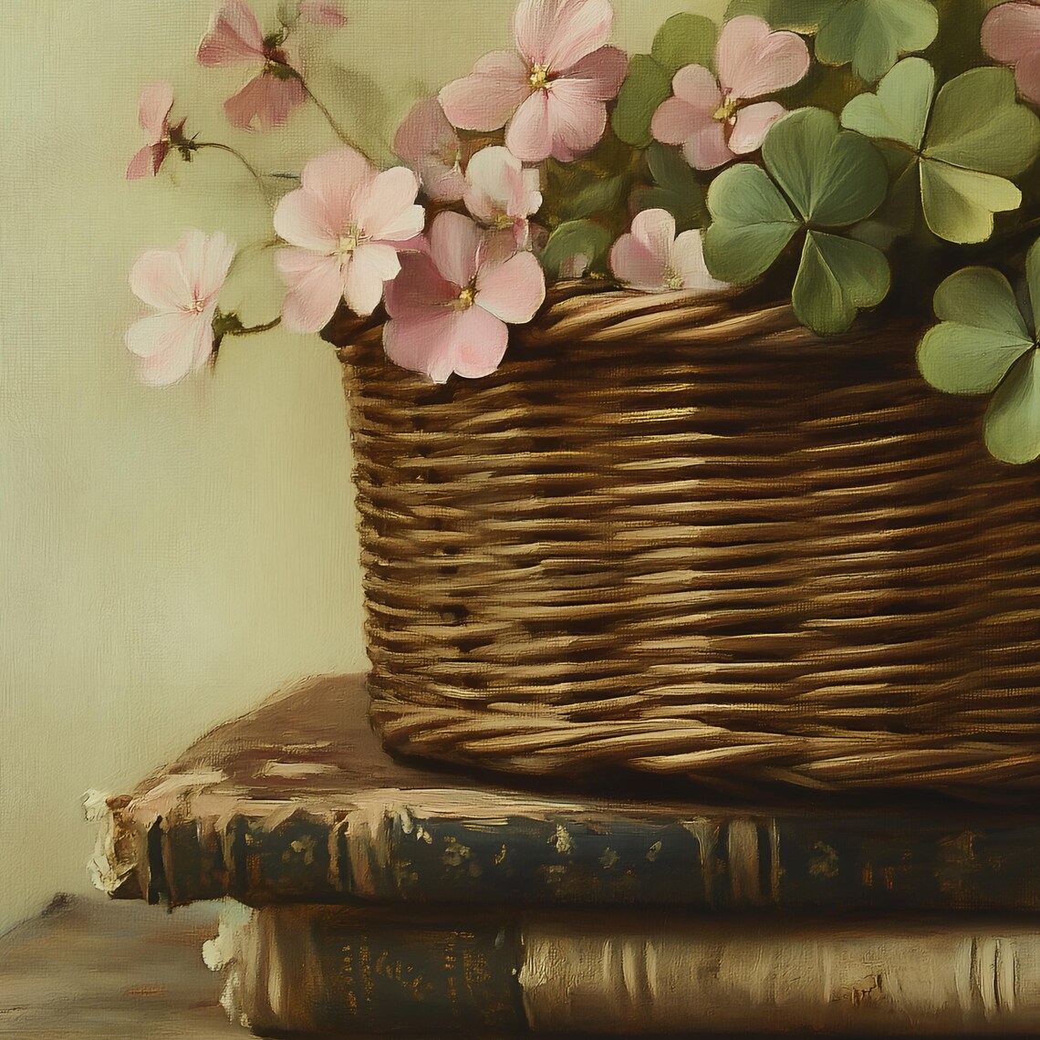 Shamrock Clover Basket with Pink Flowers on Two Old Books Poster - Image 2