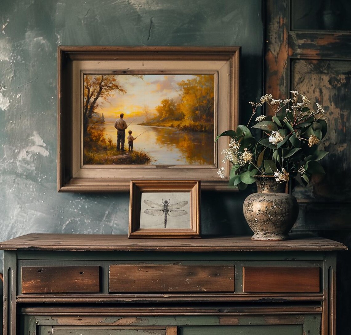 Father and Son Fishing Together At Sunset By a Golden Lake Poster - Image 3