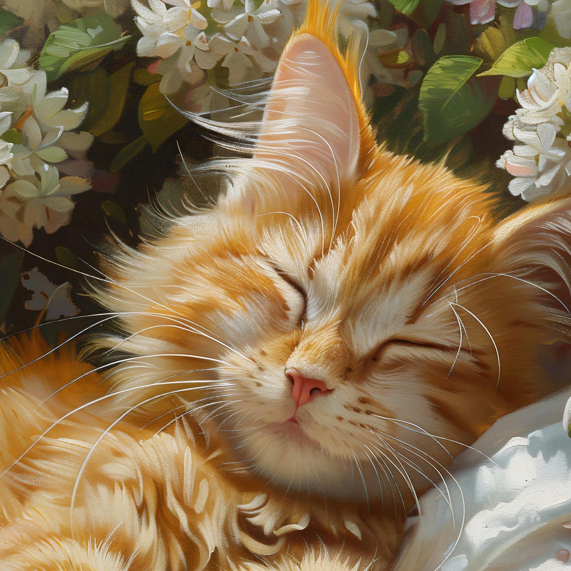 Orange Tabby Kitten Sleeping In Basket Among White Lilac Print - Image 2