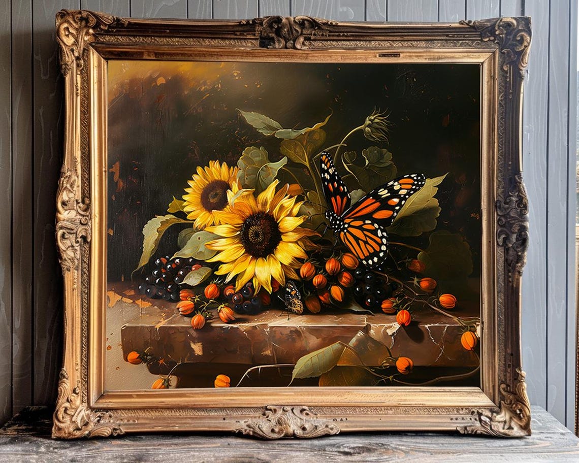 Sunflowers with Monarch Butterfly and Dark Grapes Still Life Poster - Image 4