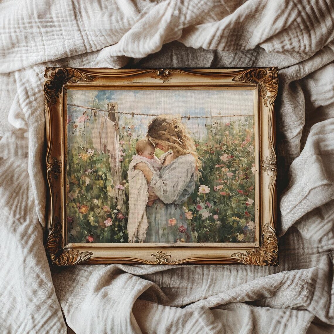 Mother Kissing Baby in a Cottage Garden by a Laundry Line Poster - Image 2
