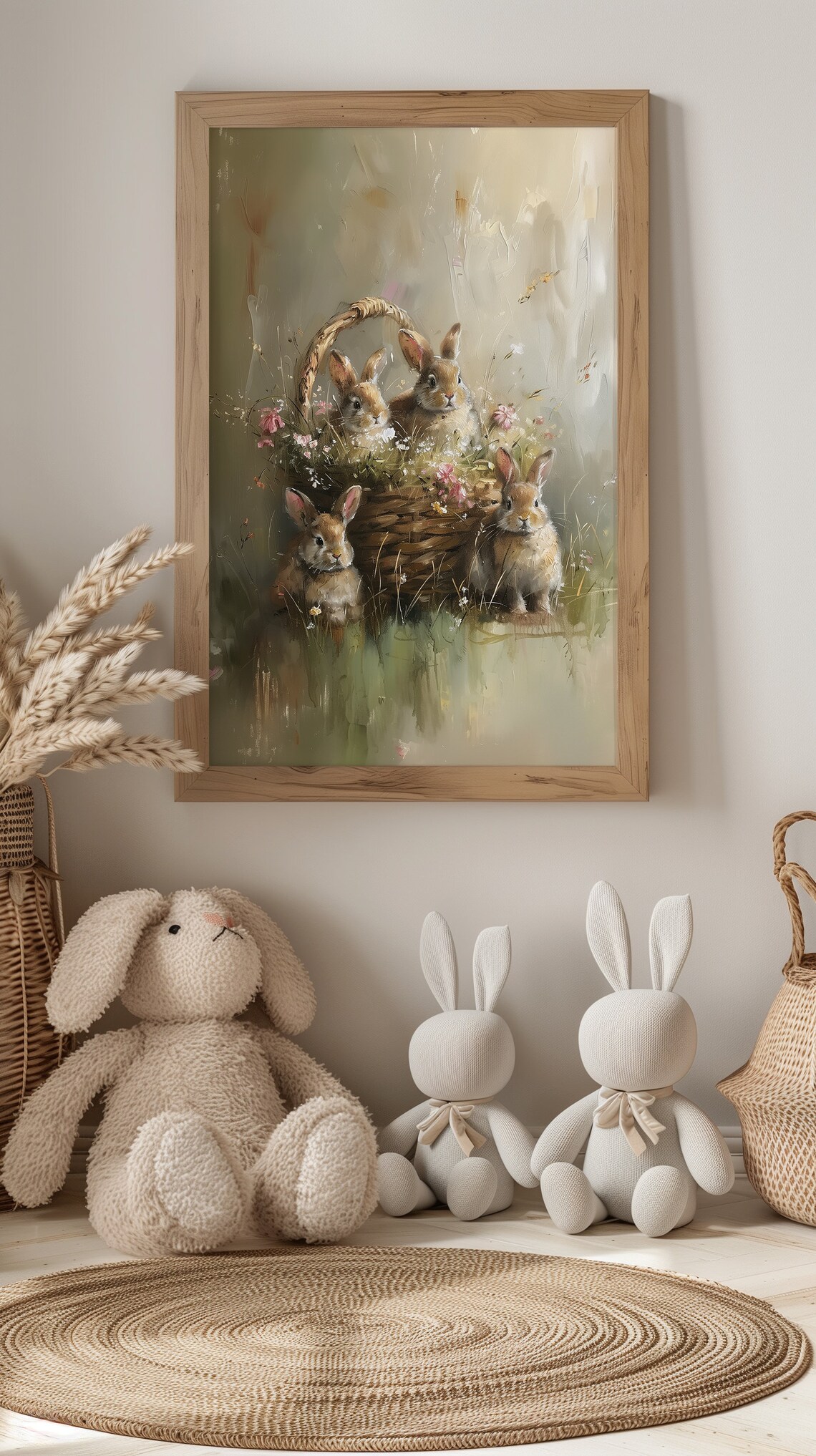 Four Baby Bunnies Around Wicker Flower Basket Spring Wall Poster - Image 2