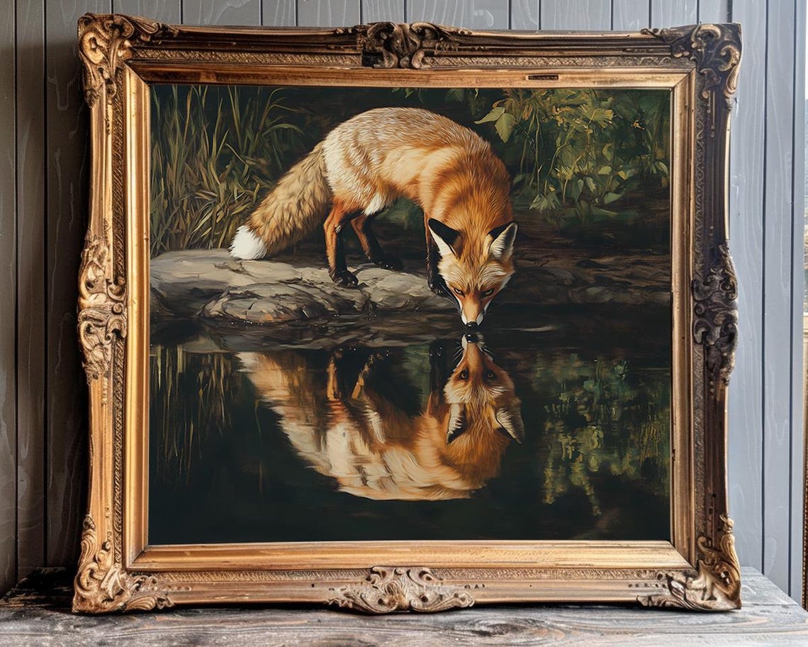 Red Fox Drinking Water With Reflection Vintage Wildlife Scene Poster