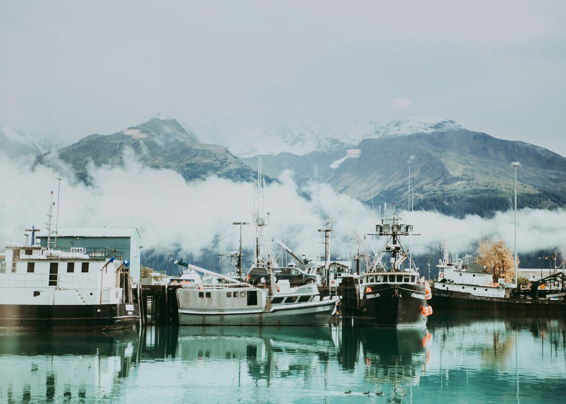 Foggy Coastal Fishing Harbor with Boats and Snowy Mountains Poster