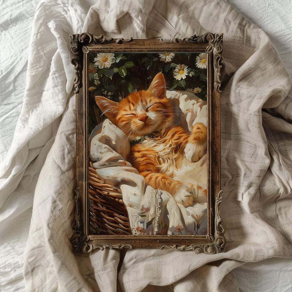 Orange Tabby Kitten Sleeping In Basket Vintage Cat Art Poster - Image 4