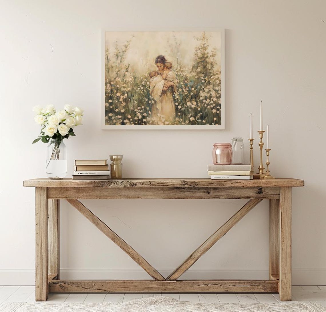 Mother Holding Two Children In Soft Flower Field Painting Poster - Image 3