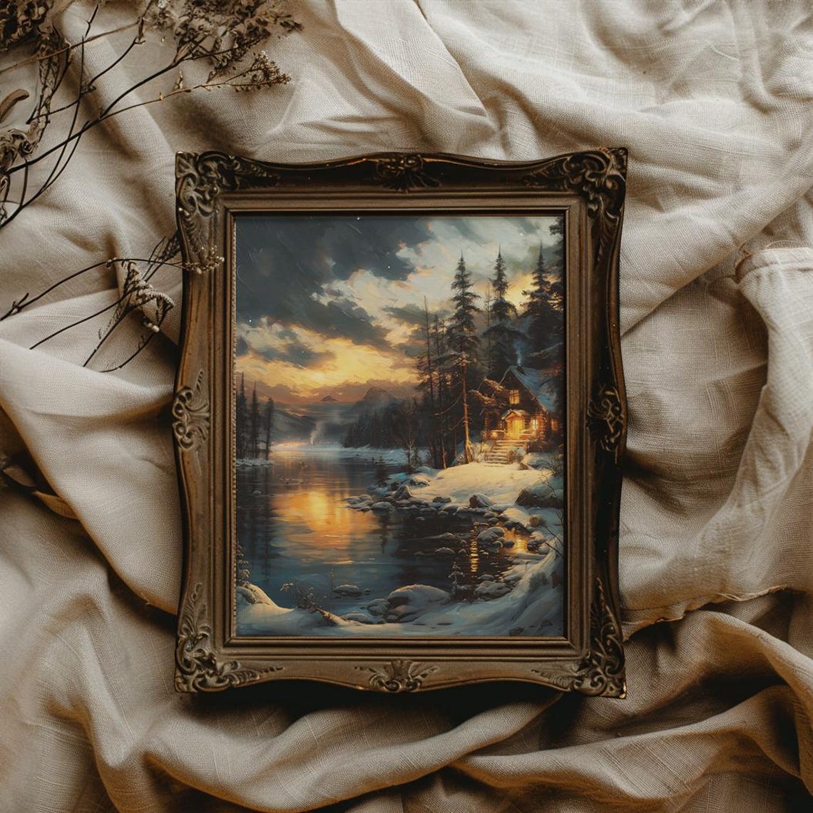 Winter Cabin on the Lake at Sunset Cozy Snowy Lodge Scene Poster - Image 2