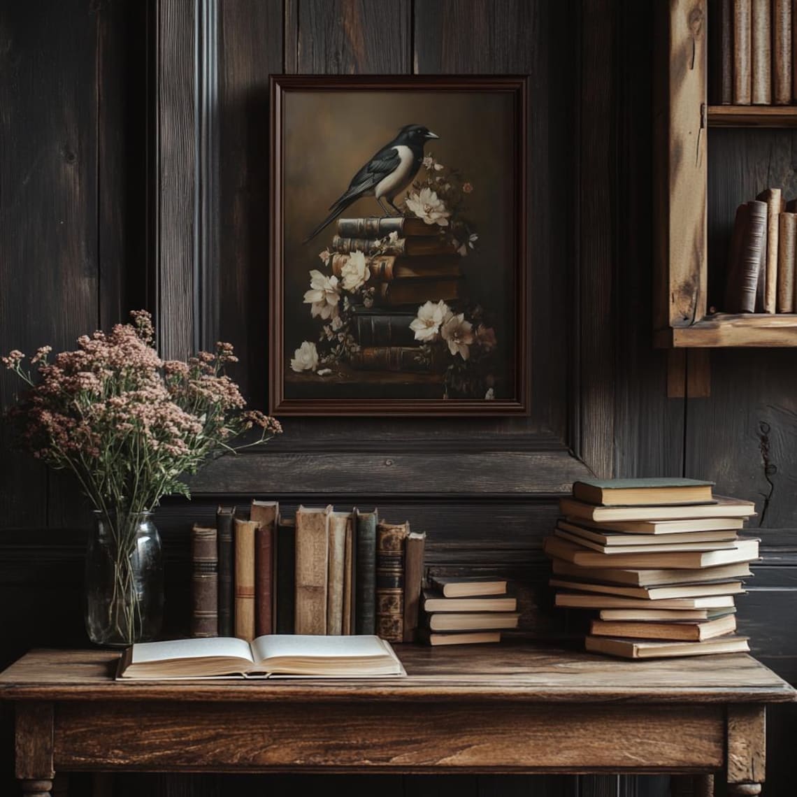Magpie Perched On Stack Of Old Books Vintage Bird Art Poster - Image 4