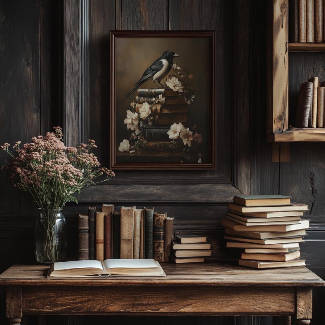 Magpie Perched On Stack Of Old Books With White Flowers Poster - Image 3