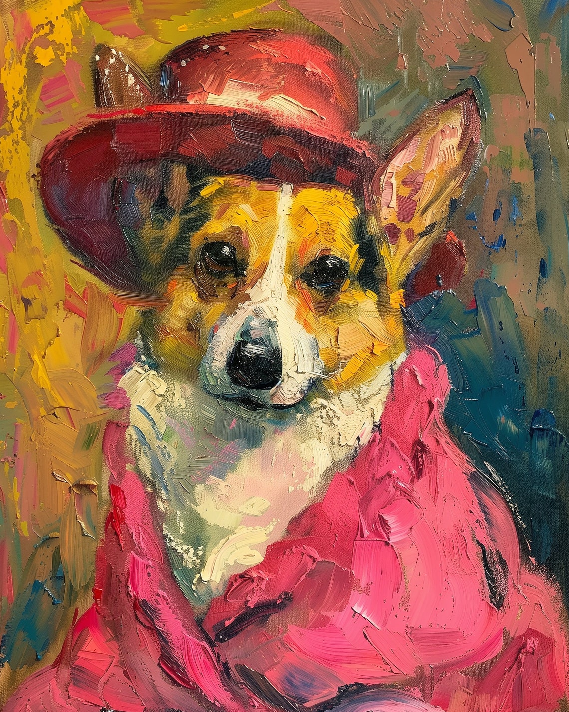 Corgi Dog In Red Hat And Pink Coat Maximalist Oil Portrait Poster - Image 2