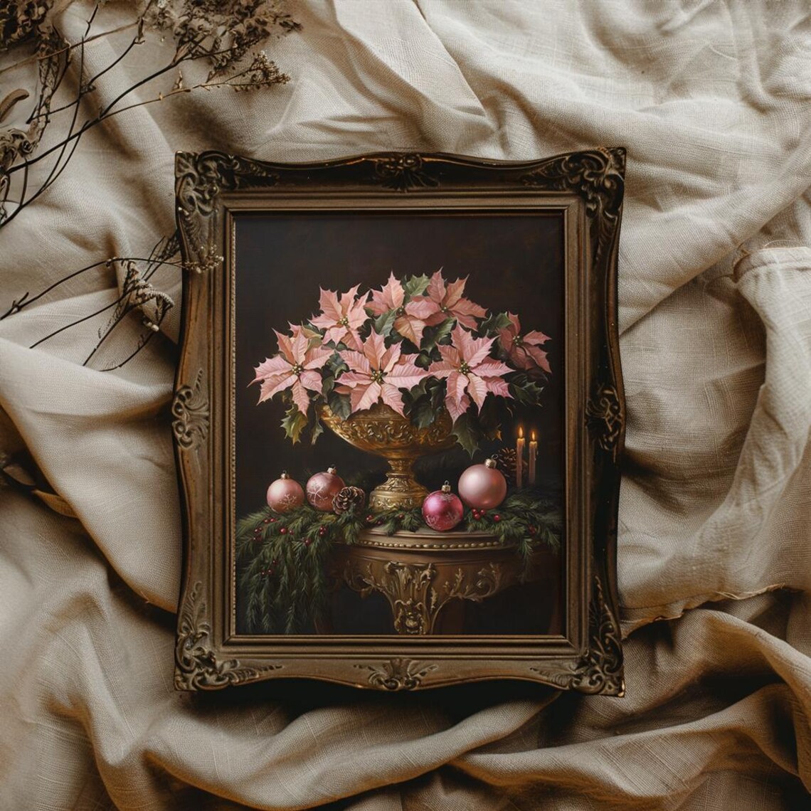 Pink Poinsettias in Gold Urn with Ornaments Holiday Floral Poster - Image 2