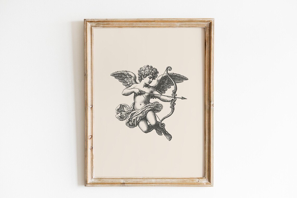 Vintage Cupid Drawing Bow Arrow Antique Engraving Love Art Poster