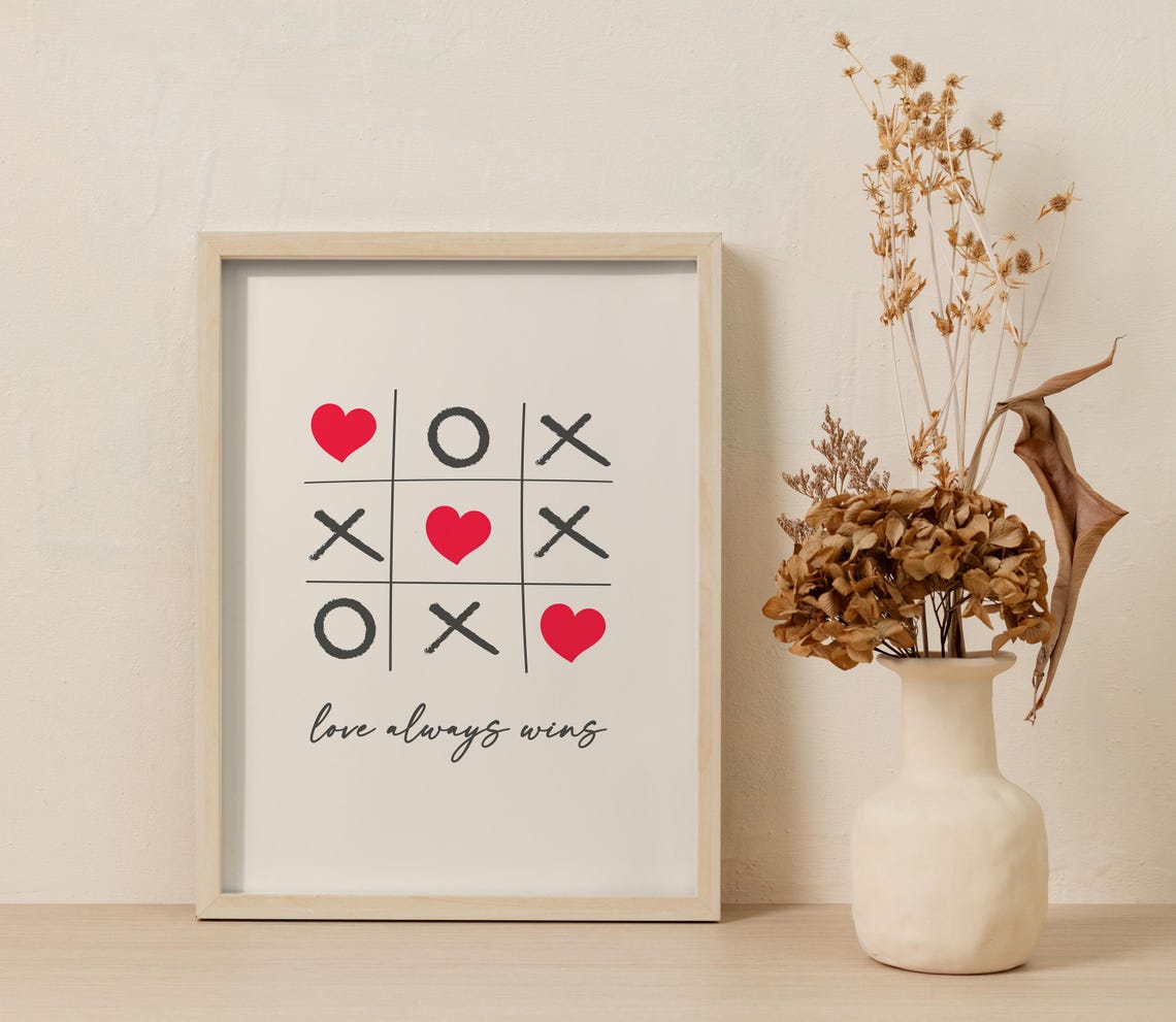 Love Always Wins Tic Tac Toe Heart Quote Valentine Wall Art Print - Image 3