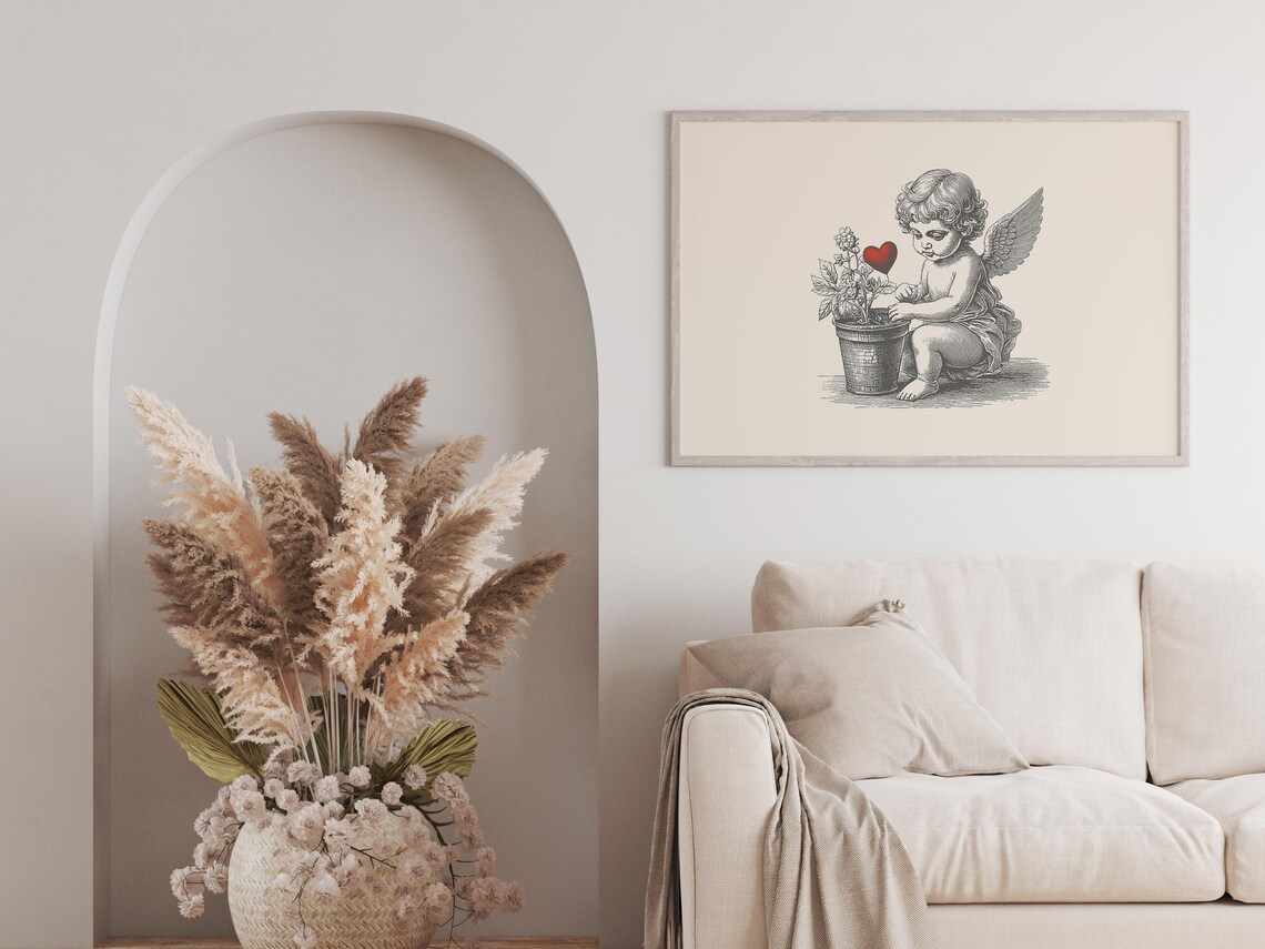 Vintage Cherub Planting Red Heart Flower Romantic Valentine Wall Art - Image 3