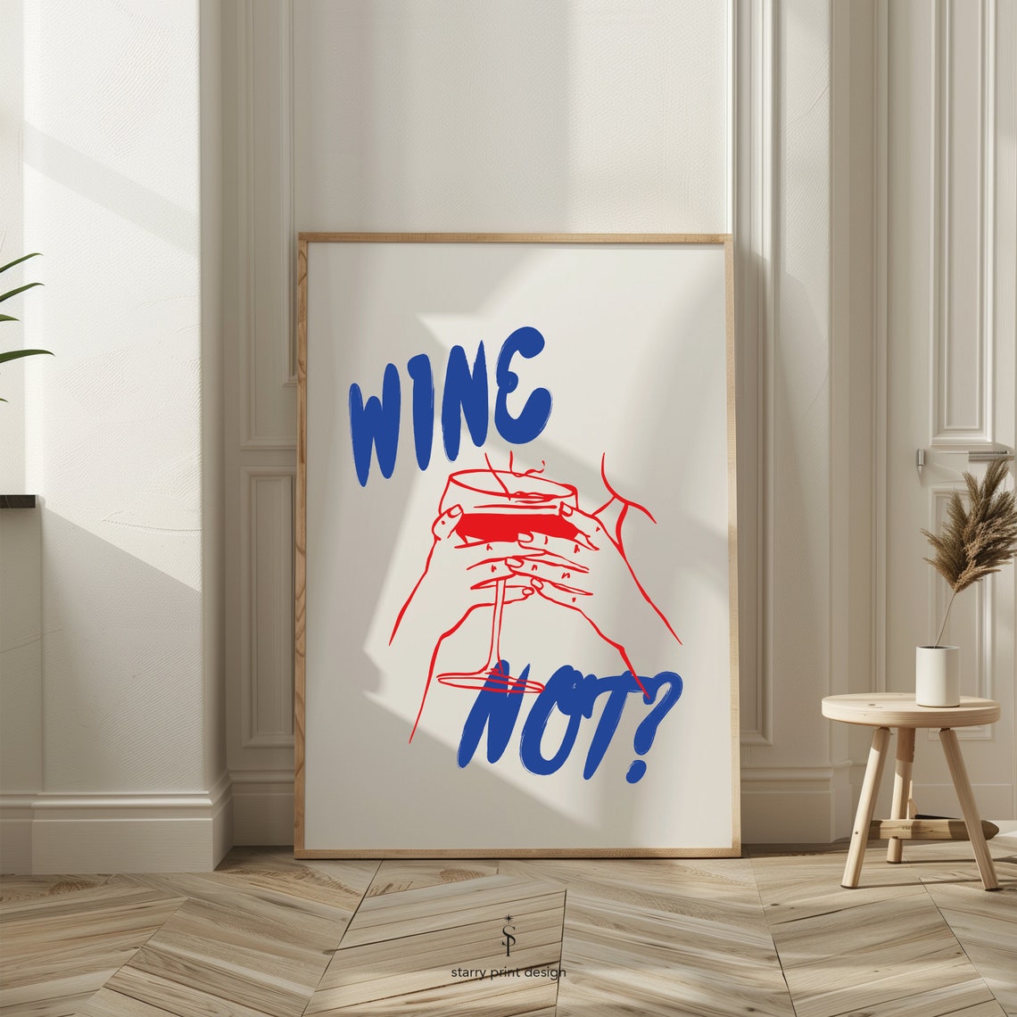 Wine Not Funny Red Blue Wine Glass Line Art Kitchen Bar Poster