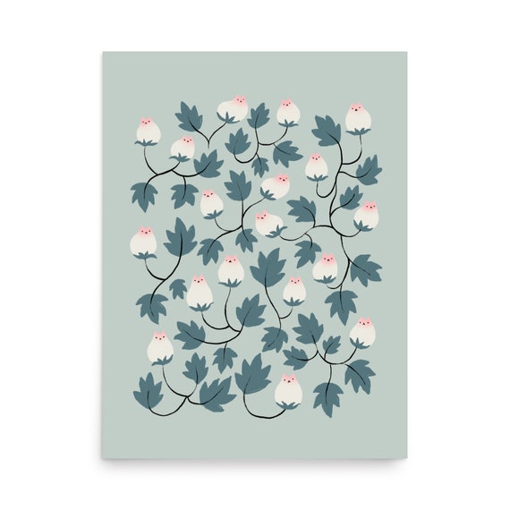 Cute White Cat Faces Botanical Vine Pattern Whimsical Art Poster