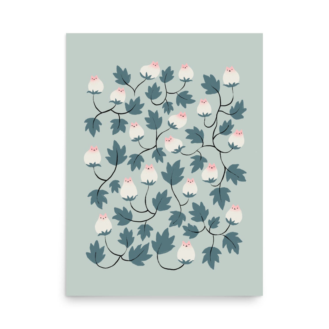 Cute White Cat Faces Botanical Vine Pattern Whimsical Art Poster