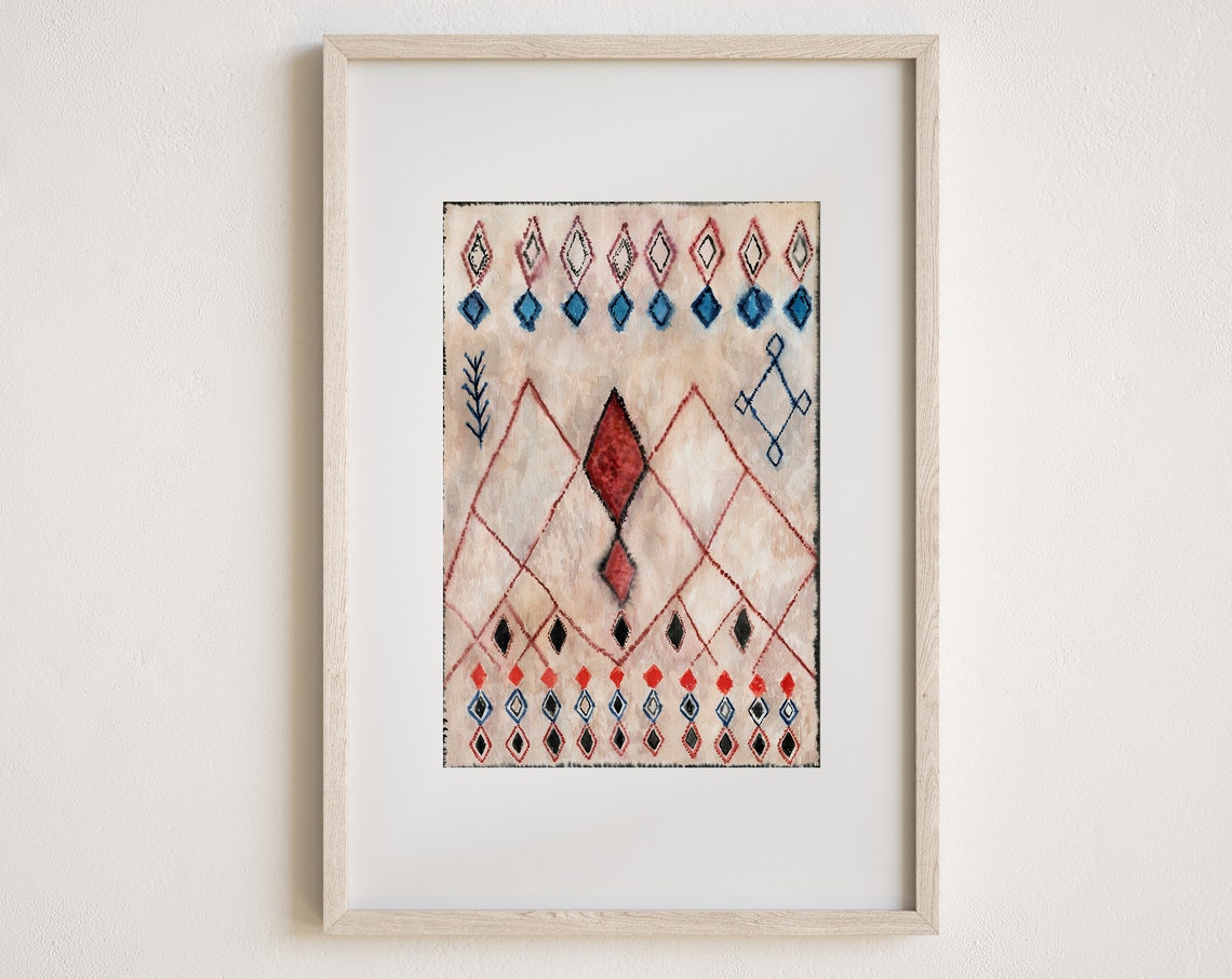 Moroccan Rug Style Poster Tribal Diamond Pattern Beige Red Blue Art
