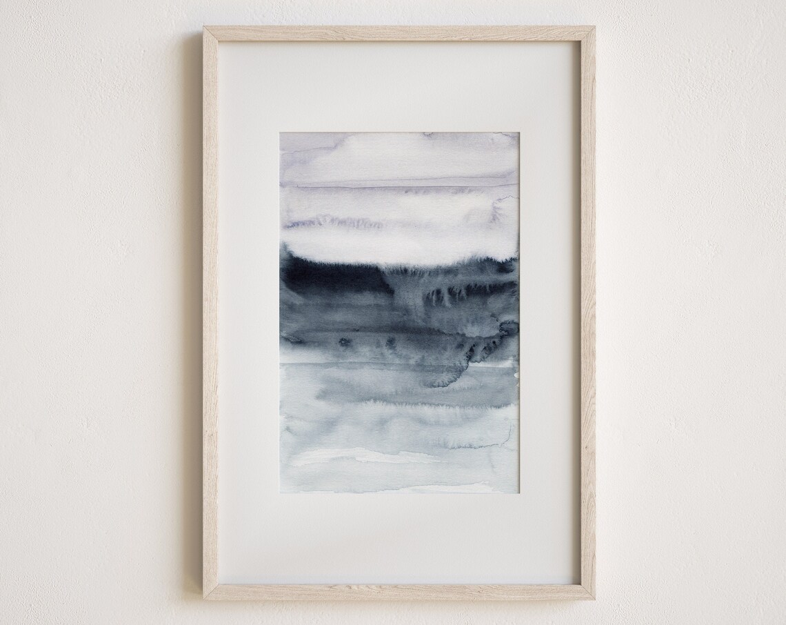 Gray And Blue Watercolor Stripes Minimalist Calm Abstract Art Print