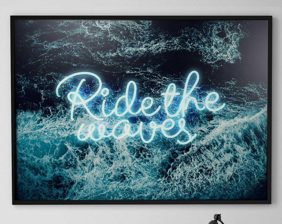 Ride The Waves Surf Neon Print, Ocean Wall Poster