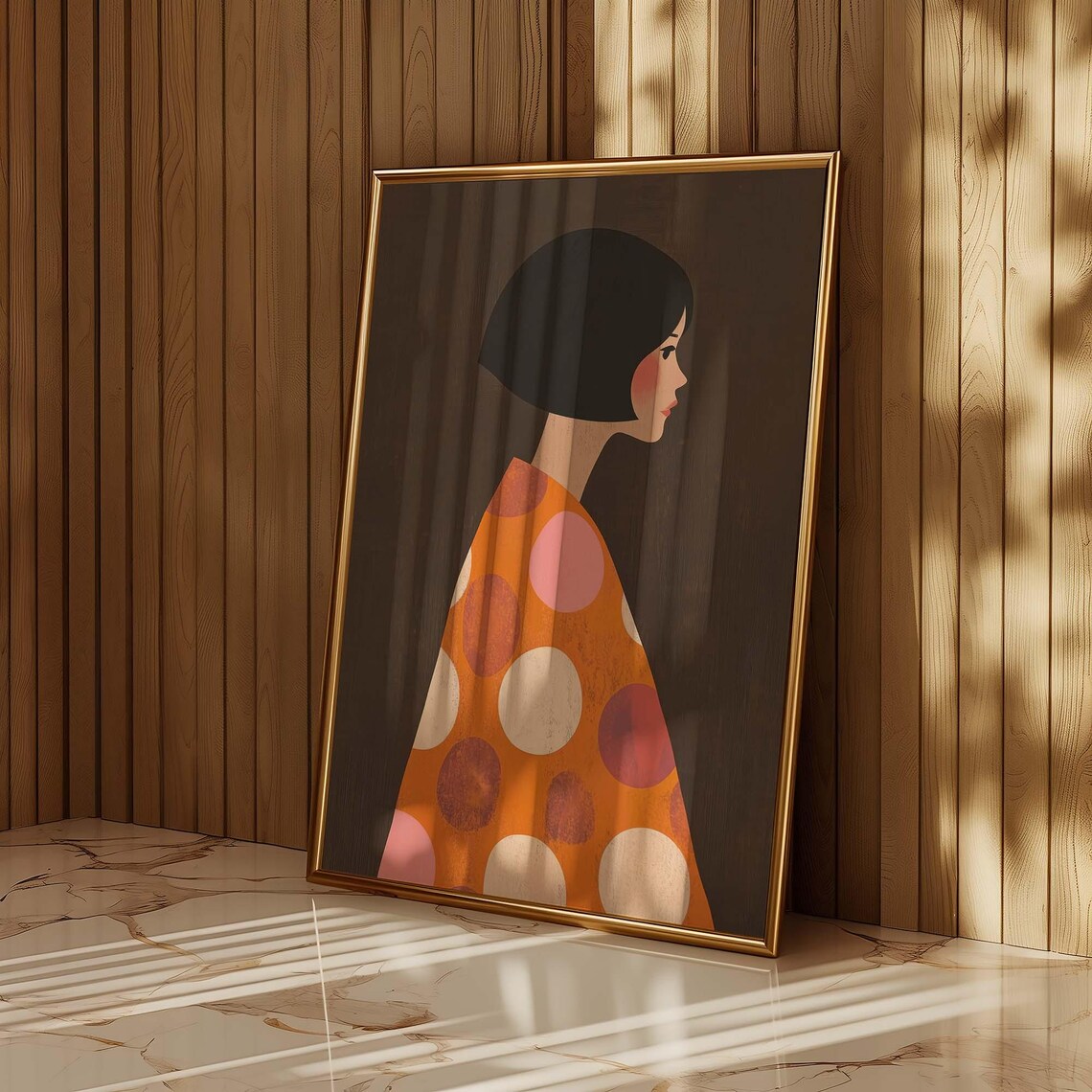 Woman Side Profile in Orange Polka Dot Dress Modern Art Print - Image 3