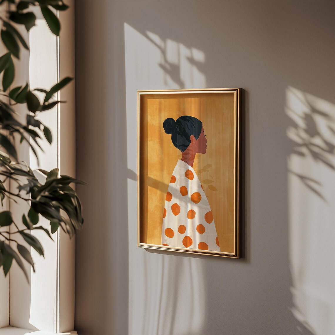 Woman Profile in White Polka Dot Dress Warm Orange Art Print - Image 3