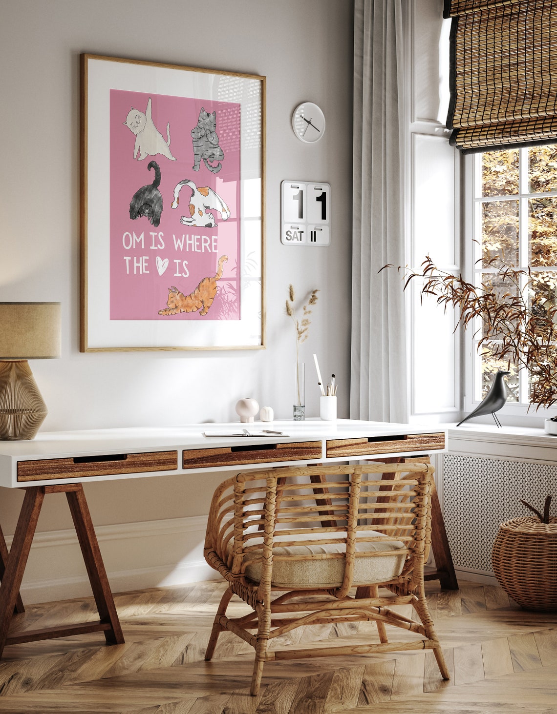 Om Is Where the Heart Is Cat Yoga Poster Funny Pink Cat Decor - Image 2