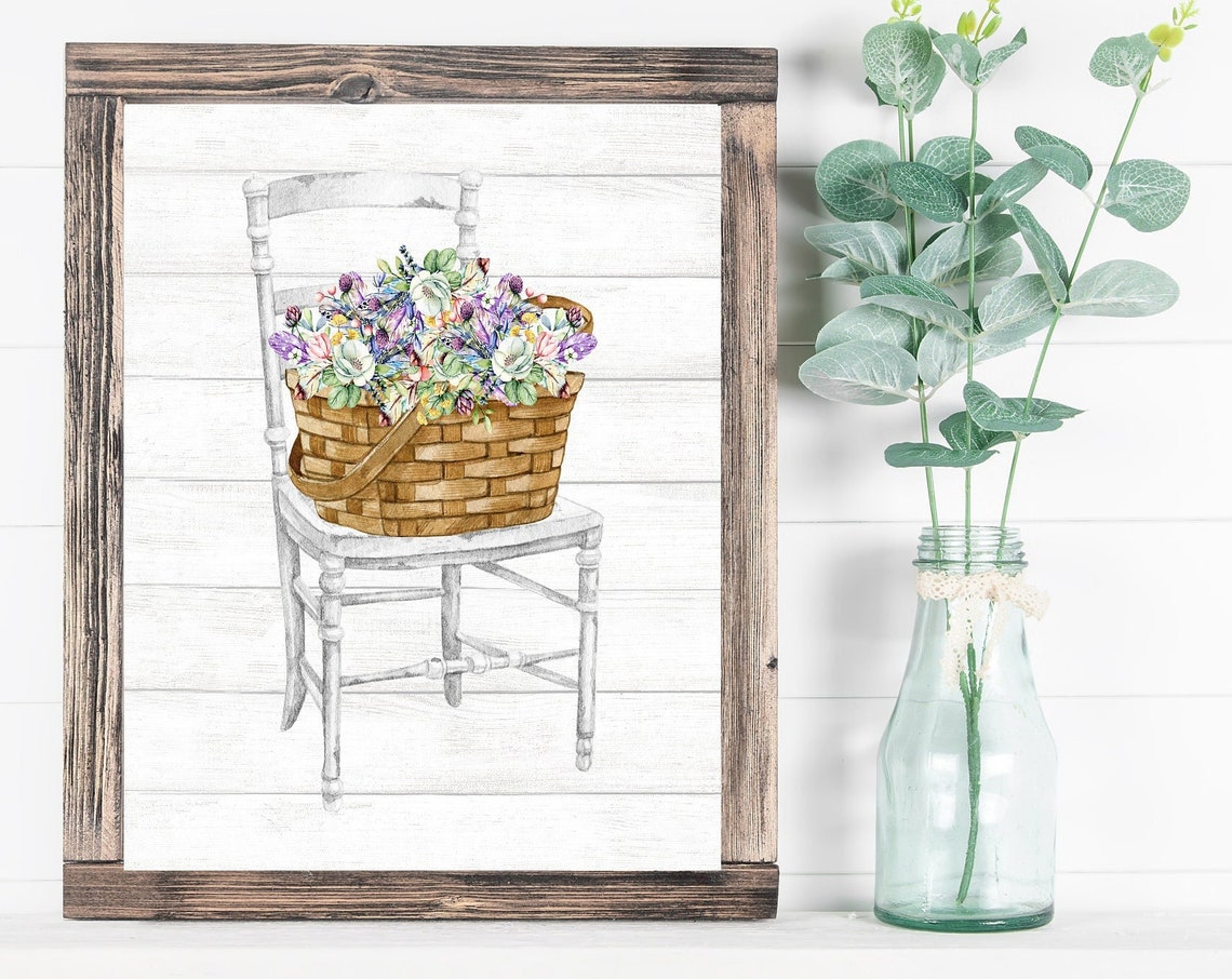 White Chair with Basket of Multicolored Flowers Watercolor Poster