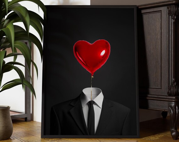 Red Heart Balloon Headless Suit Surreal Conceptual Art Poster