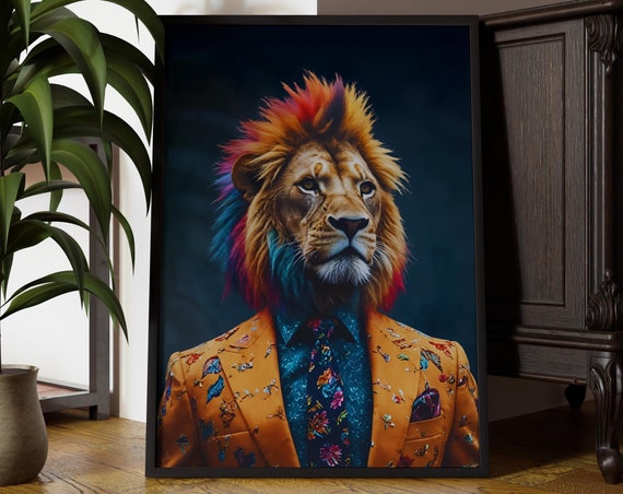 Punk Lion Portrait, Vintage Animal Art Print