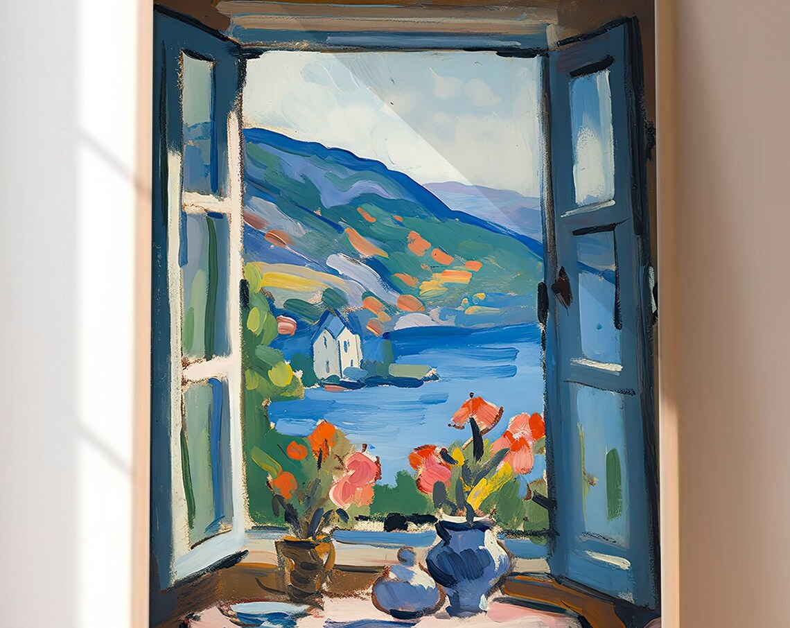 Matisse Style Open Window Flowers Coastal View Painting Print - Image 3