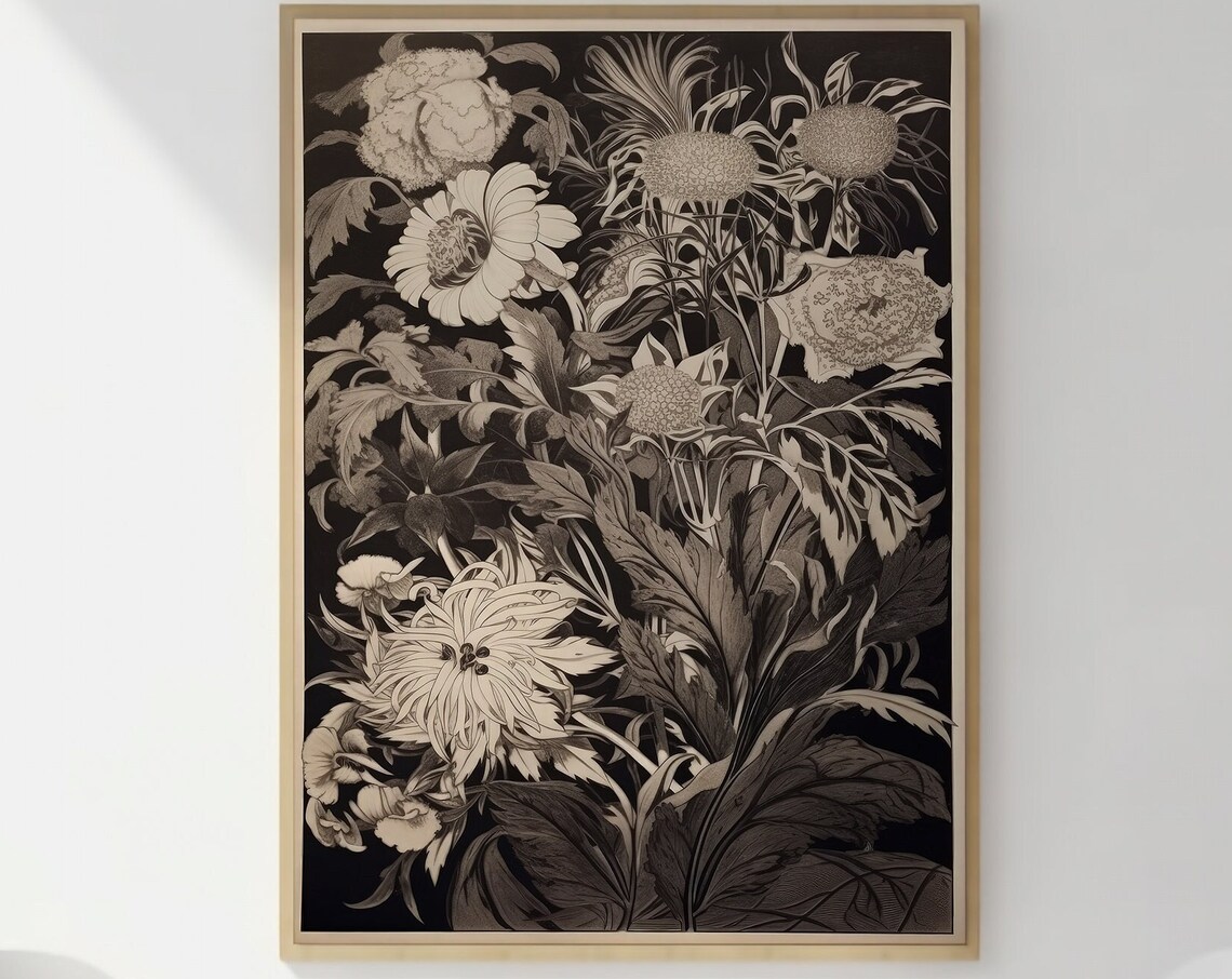 Vintage Black and White Botanical Engraving of Wildflowers Print